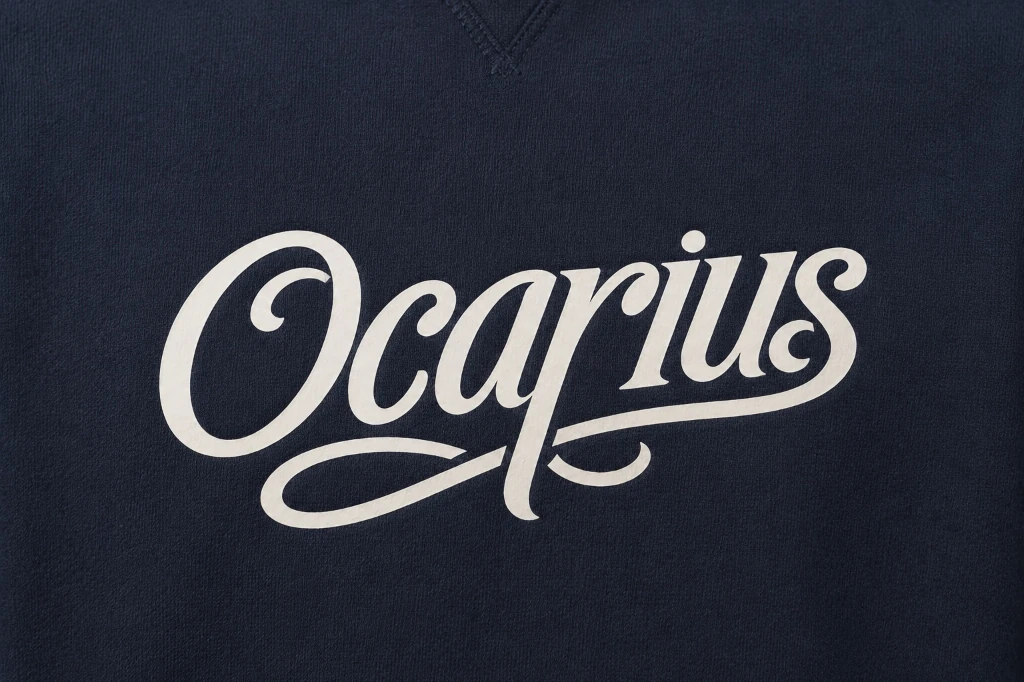 Logo Ocarius stampato in serigrafia su felpa blu navy